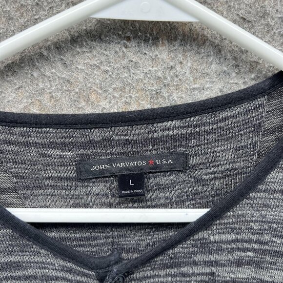 John Varvatos USA Shirt Mens Large Gray Black Henley Long Sleeve Stretch Knit - Picture 5 of 8